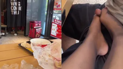 冰妈带男奴吃炸鸡都不安分 肯德基店员还在旁边就露出鸡巴足交